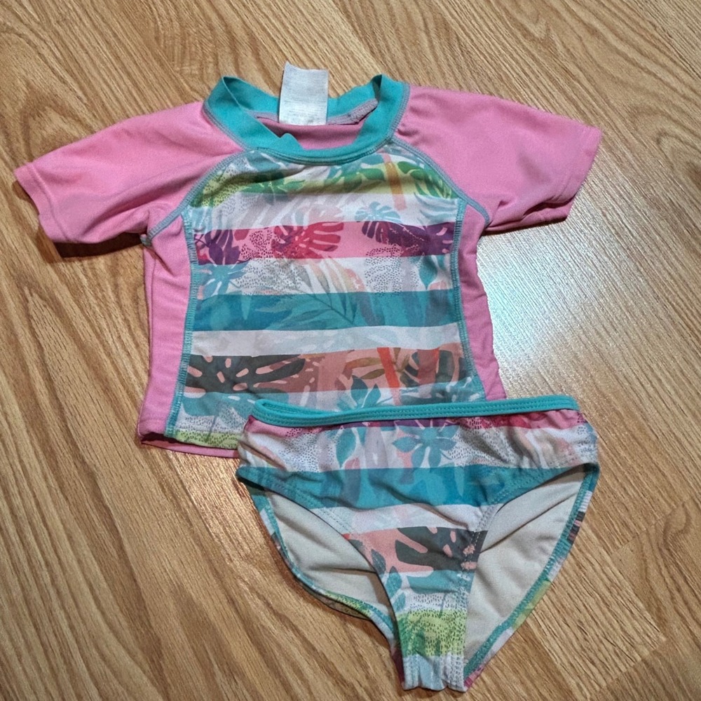 Jantzen Tropical Rash Guard Swimsuit Set Pink Teal Stripe Floral 2-Piece Size 4